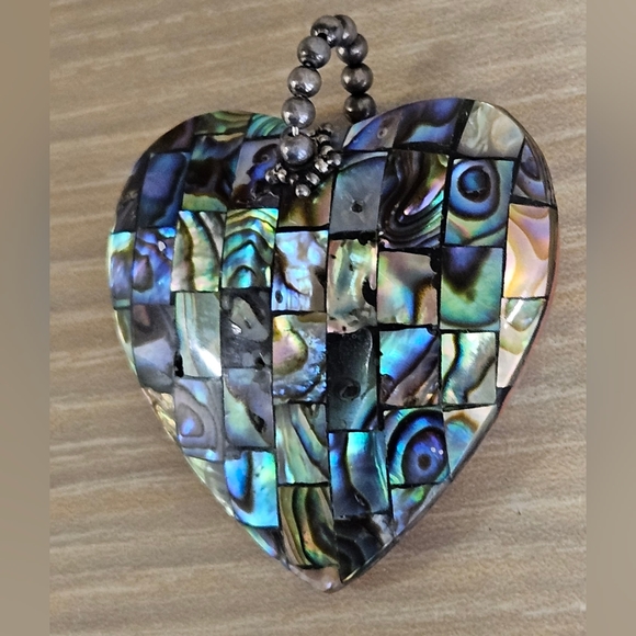 VINTAGE Sterling Silver Sally C Treasures Abalone Shell Reversible Heart Pendant - Picture 9 of 15